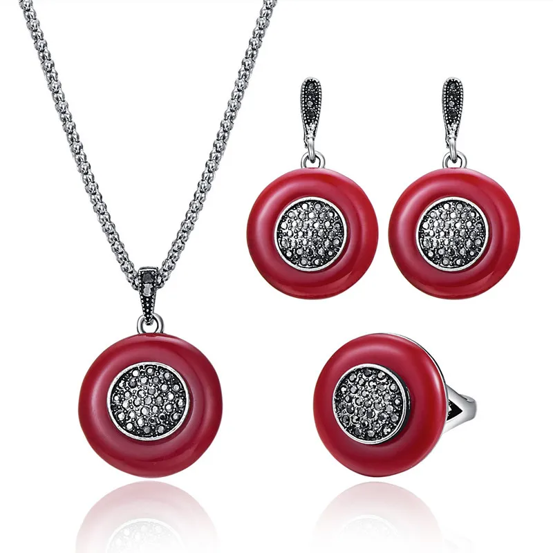 

Vintage Red Jewelry Sets For Women Antique Silver Color Full Black Rhinestone Geometric Pendant Necklace Earrings Ring Set