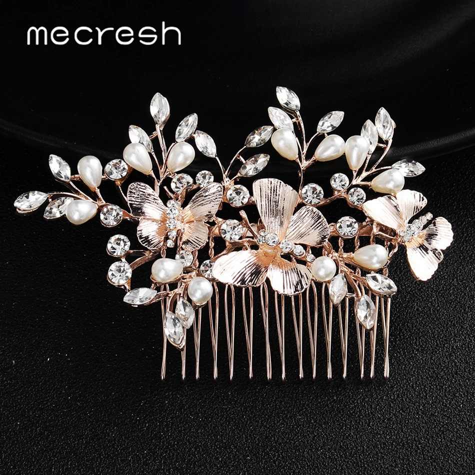 

Mecresh Simulated Pearl Handmade Hair Comb Jewelry Bridal Hair Accessories Rose Gold Color Wedding Hair Ornament Headpiece FS278