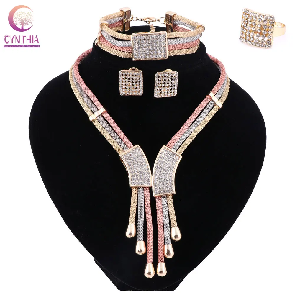 Женское итальянское дубайское Золотое трехцветное ожерелье, серьги, браслет, кольцо, ювелирные наборы, свадебные аксессуары для вечеринки, бижутерия - Окраска металла: Золотой цвет