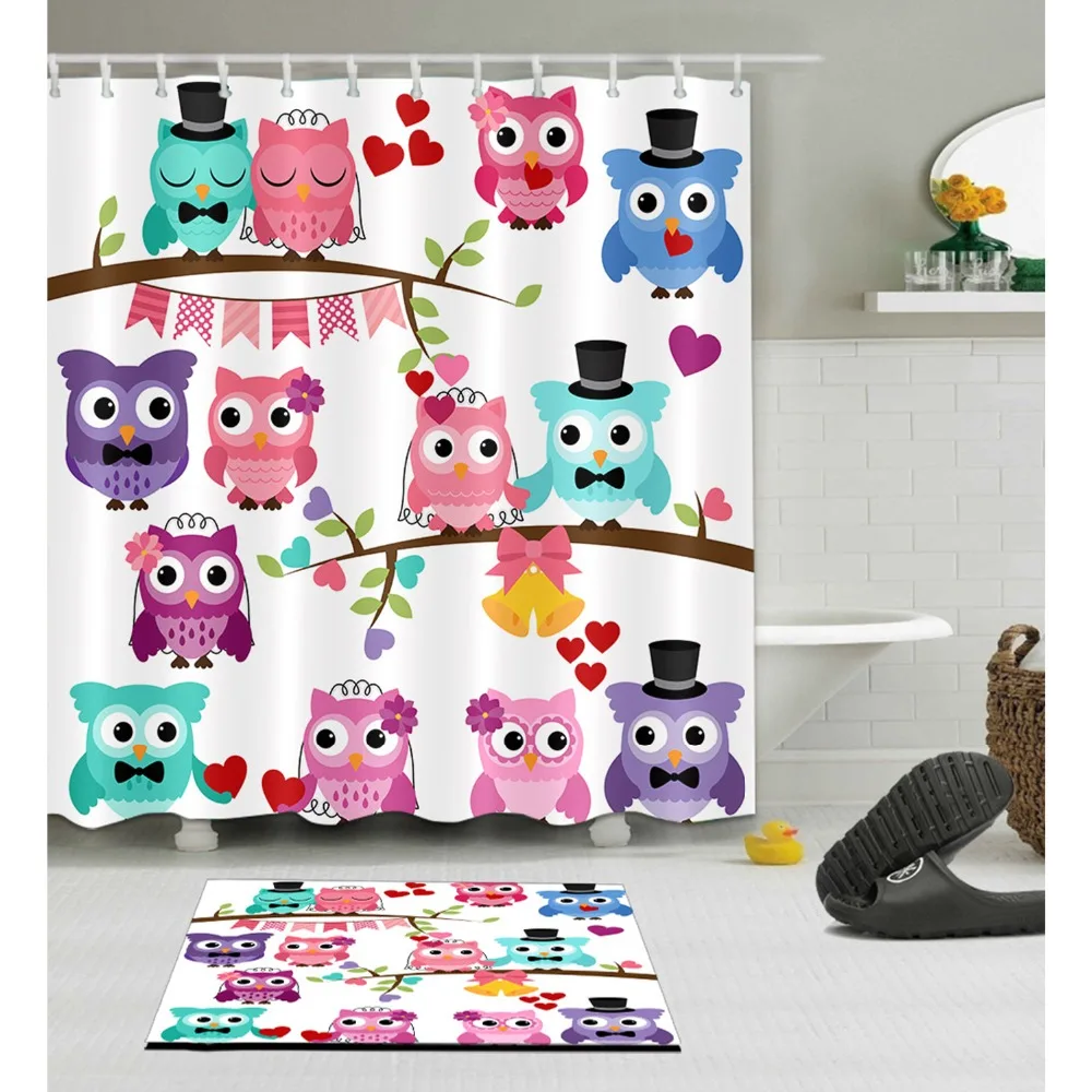 Funny Birds Couple On The Branch Shower Curtain Cartoon Owls