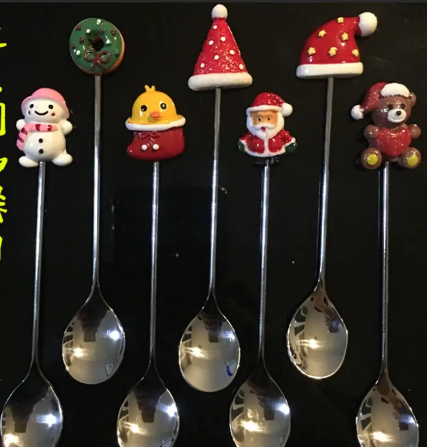 

Top Cute! Santa Claus Christmas Snowman Coffee Spoon Fruit Fork Stirring Spoon Teaspoon Tea Spoon Tableware 304 Stainless Steel