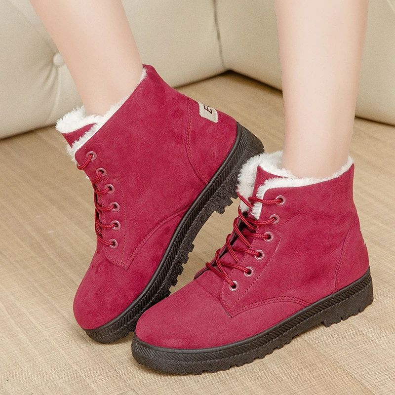 

2018 Fashion Women Ankle Boots Flat Heel Furry Winter Shoes Woman Suede Warm Plush Inverno Snow Boots Botas Mujer Plus Size 43