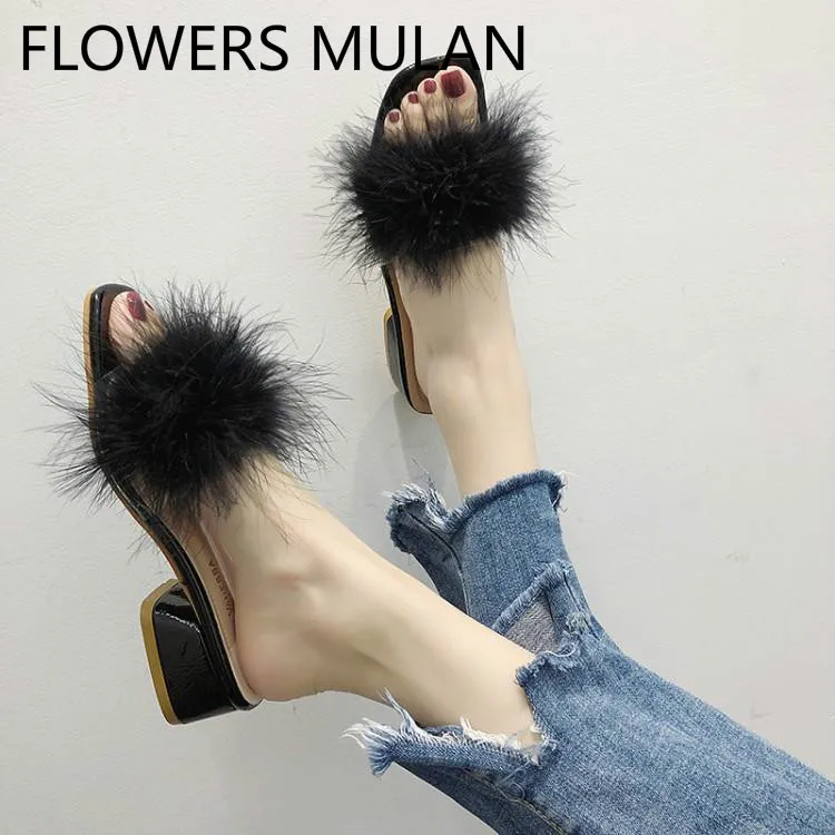 

Luxury One Buckle Fur Slippers Women Open Toe Slip On Ladies Flats Chunky Heels Girl Outdoor Zapatos De Mujer Female Mules Brand