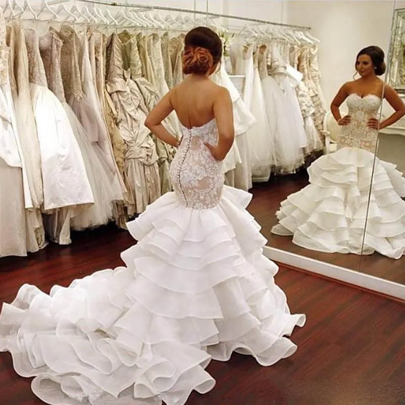 Arabic Mermaid Wedding Dresses 2018 Sweet Heart Sweep Train Tiered Appliques Chapel Country Garden Bridal Gowns Plus Size Vestidos De Novia189