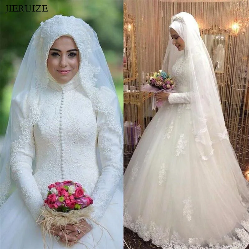 

JIERUIZE White Lace Appliques Muslim Wedding Dresses 2019 High Neck Long Sleeves Ball Gown Arabic Wedding Gowns abito da sposa