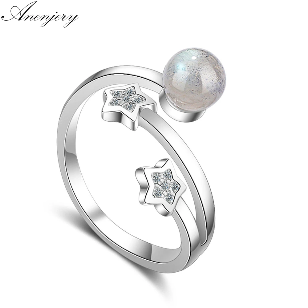 

Anenjery New Fashion Moonstone Index Finger Opening Ring For Women 925 Sterling Silver Zircon Star Ring anillos anel S-R374