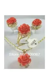

grade latest Wholesale women's fine Noblest lady's fine 12MM Pink&red Coral Carved Flower Earrings Ring Necklace Pendant set