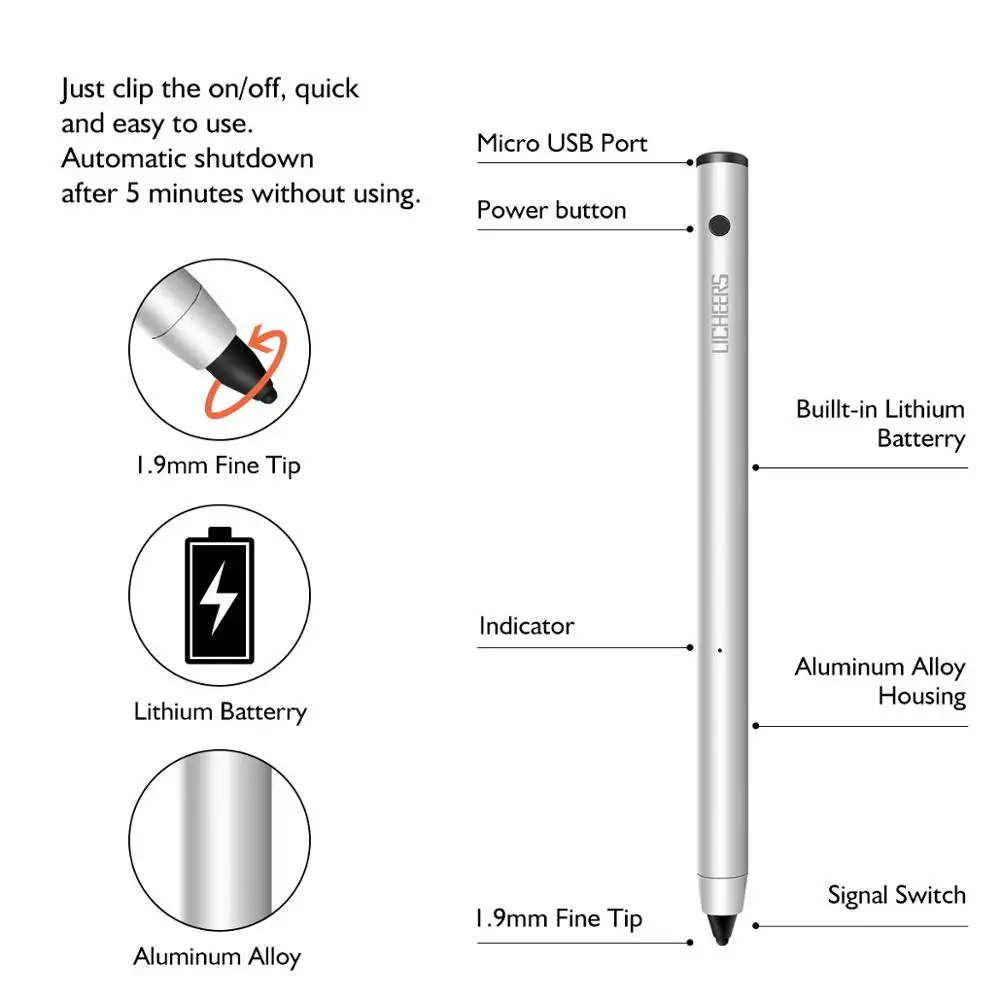 lingchen Auto Sleep adjustable micro USB charging metal stylus Touch Pen 5