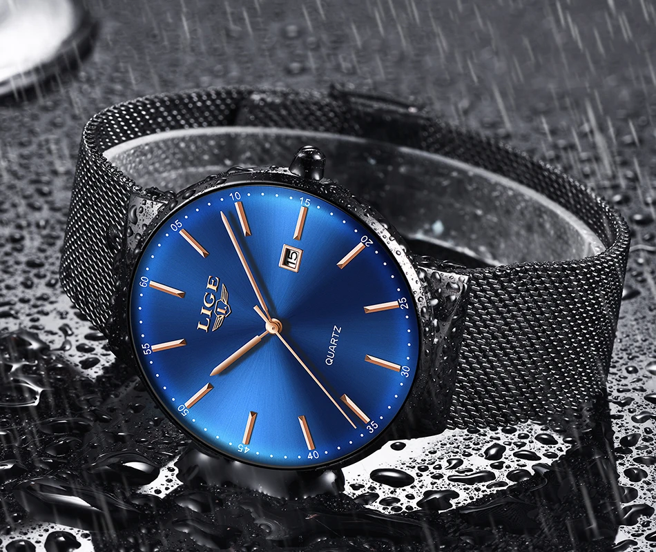 LIGE модные часы мужские водонепроницаемые тонкий сетчатый ремешок