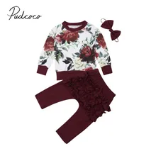 Новинка года, комплекты осенней одежды для новорожденных девочек, пуловер с длинными рукавами и цветочным принтом, толстовка, Топы+ штаны с оборками+ повязка на голову