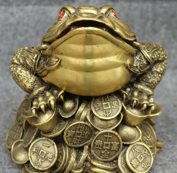 

JP S0606 Chinese Pure Brass FengShui Wealth YuanBao Coin Hoptoad Toad Statue Bronze Set