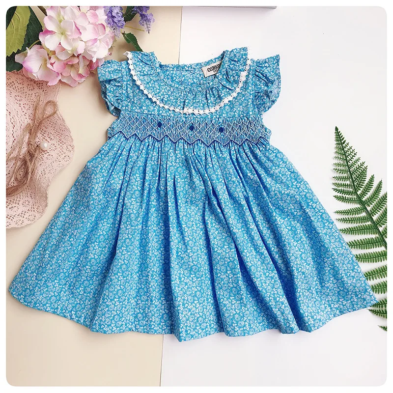 

Spring Summer 2019 Girl Smocked Embroidery Flower Bow Vintage Doll Dress For Little Girl Princess Smocking Party Dresses G104