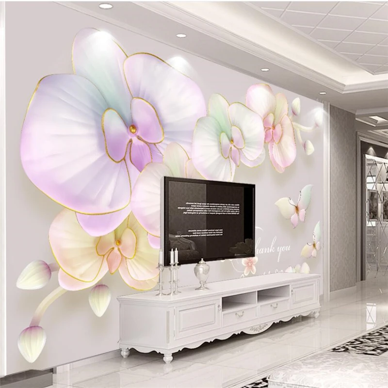 

beibehang Fresh 3D stereo relief flush orchid simple European TV backdrop custom large fresco green wallpaper papel de parede