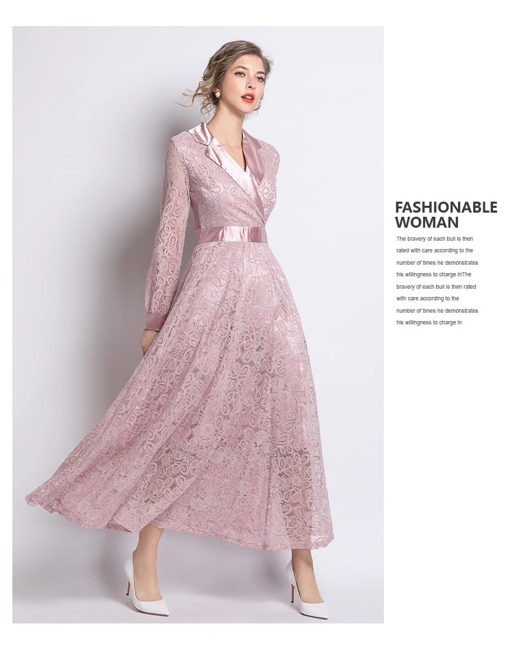 HAMALIEL, элегантное женское кружевное длинное платье, весеннее, с длинным рукавом, розовое, в стиле пэчворк, с зубчатым воротником, макси, вечерние, приталенное, с вырезом, Vestido