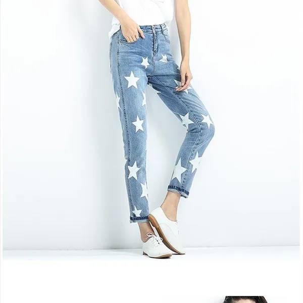Новые джинсы с пентагоном для женщин s Досуг прямой баррель свободная Высокая талия Звезда светлый цвет брюки с принтом эластичные брюки Tide
