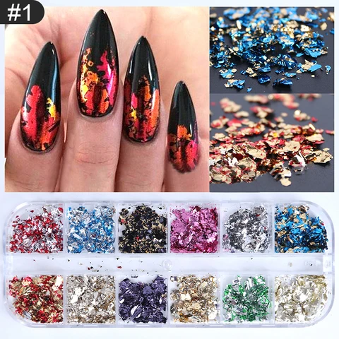 Colors/Box Nail Foils Sticker Paper Metallic Gold Silver Red Mixed Colors Nail Flakies 3D Nail Art Decorations Accessories
