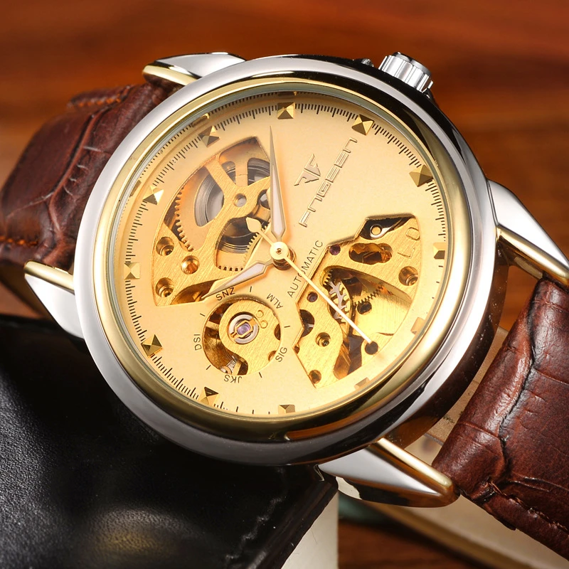 

16 Style Mechanical Watches Double Strap Selection Gold Stainless Steel Brown Leather Gear Automatic Fashion Men Wrist Watch Top