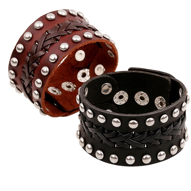 New Arrivals Retro Punk Rivet Real Genuine Leather Woven Black/Brown Adjustable Wristband Cuff Bracelets Bangles Unisex Jewelry | Украшения