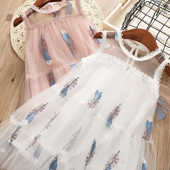 

Girls dress 2020 new summer mesh skirt child feather embroidery female baby sleeveless princess dress kids dress