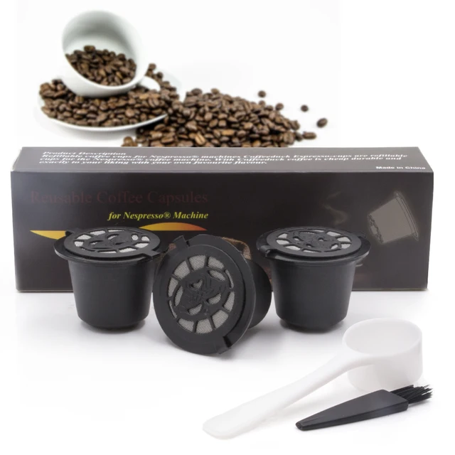 Special Offers  3pcs Reusable Coffee Capsules+Spoon+Brush Set Black Mini Powder Basket Nespresso Machine Home Office Coffee Brewing Accessories