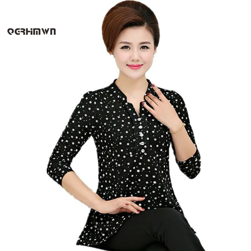 

Mother Fall Blouse Large Size Fashion Casual Stand Collar Long Sleeve Polka Dot Middle-aged Women Shirt Tops Blusas