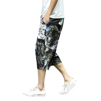 

Spring And Summer Plus Size Men's Wide Crotch Harem Cotton Linen Black Print Wide-legged Bloomers Baggy Cropped Trousers L415A