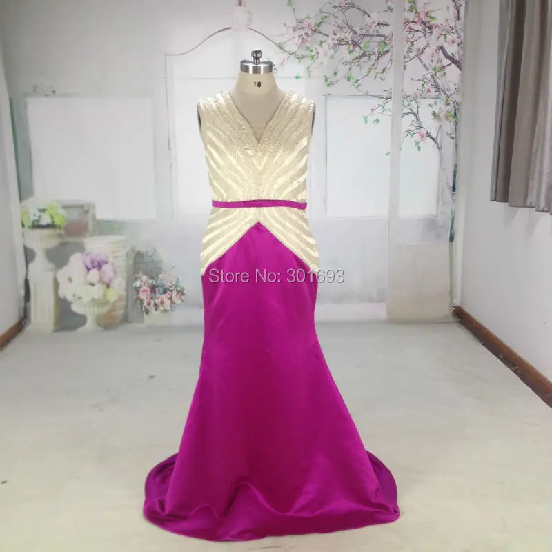 Oumeiya ORE182 Real Pictures Mermaid Two Color Fuchsia Nude Satin Heavy Beaded Big Size Women Dress Evening Dress 2016