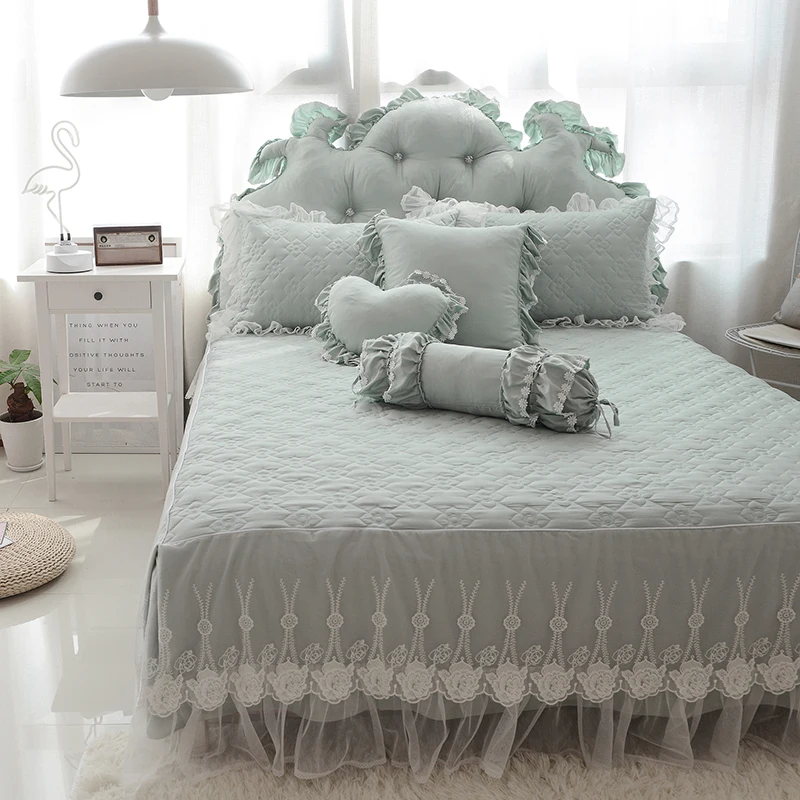 Best 3Pcs green thick Cotton Lace King Queen Full size Bed skirt Luxury Pink Red Princess Pillowcase Home Decorative