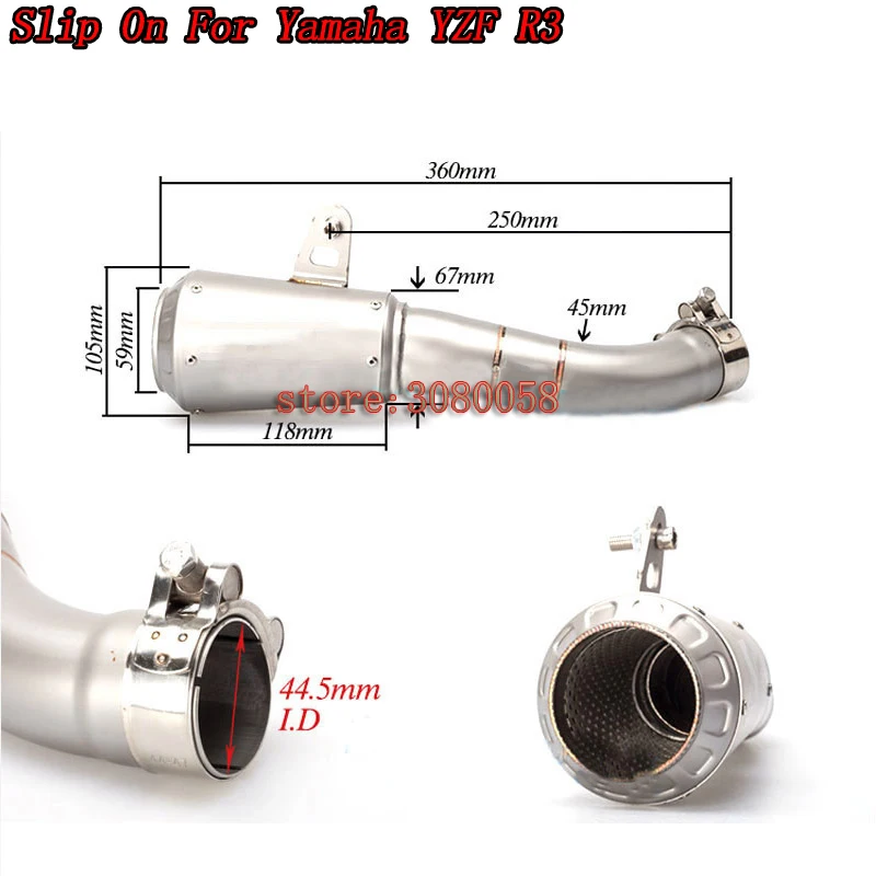 45 мм мотоцикл выхлопной лазерной маркировки AK Нержавеющая сталь выхлопной без пятки средней длины мото глушитель выхлопных газов для Yamaha YZFR3 YZF R3 R25(15-17