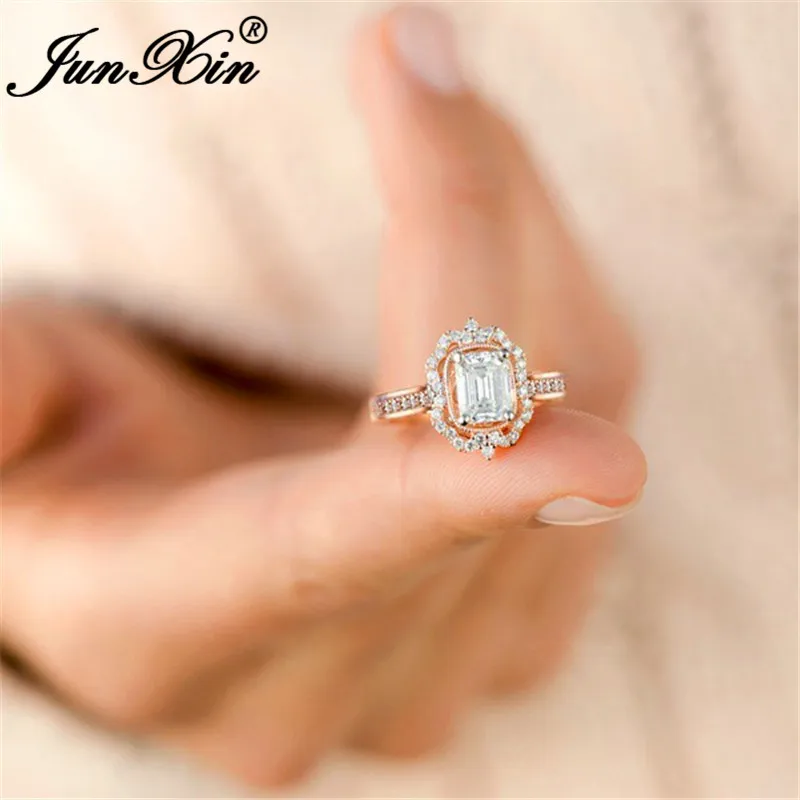 JUNXIN Princess Cute Stone Square White Crystal Rings For Women Silver/Rose Gold Filled Luxury Zircon Fashion Engagement Ring