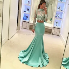 Vestido de festa zweiteilige Langarm High Neck Blau Frauen Formale Abendkleider Zwei In Einem Nixe-abschlussball kleid
