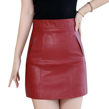 

Smiao Elegant High Waist Autumn Winter Faux Leather Skirts Office Lady Women A-Line Skirts Plus Size Black/Red Mini Short Skirt
