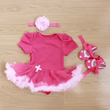 Детские Комбинезоны для малышек 3 шт. комплект одежды для новорожденных Детские Обувь для девочек одноцветное ярко-розовый Туту платье jumpersuit повязка, туфли