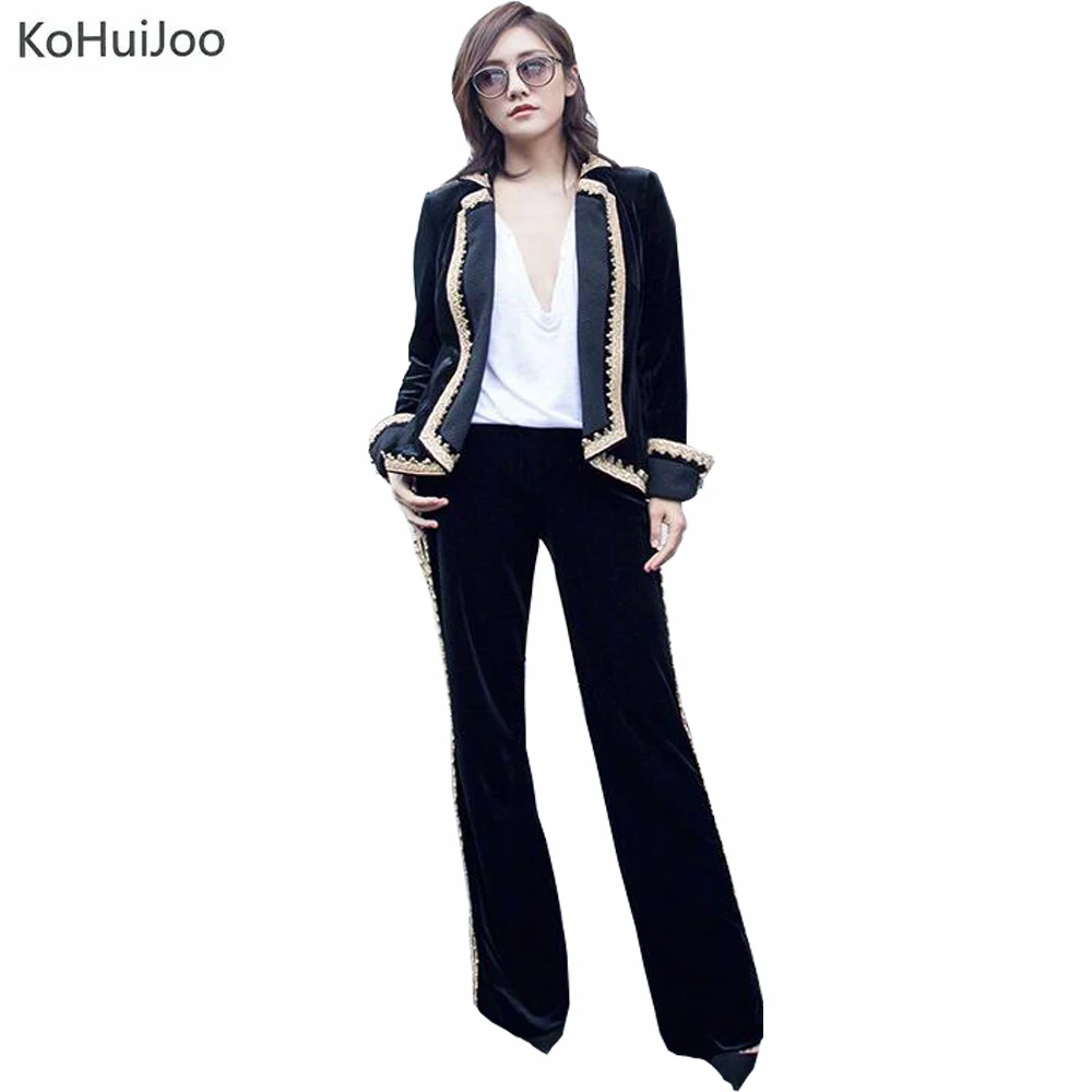 KoHuiJoo 2018 Spring New Vintage Velvet Pant Suits for Women Slim Casual Velvet Blazer Pants Suit Sets 2 piece Clothing Set