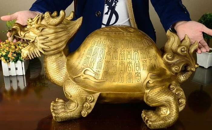 

zhaomeirui23++12 China Brass Auspicious Fengshui Yuanbao Wealth Dragon turtle Tortoise Statue