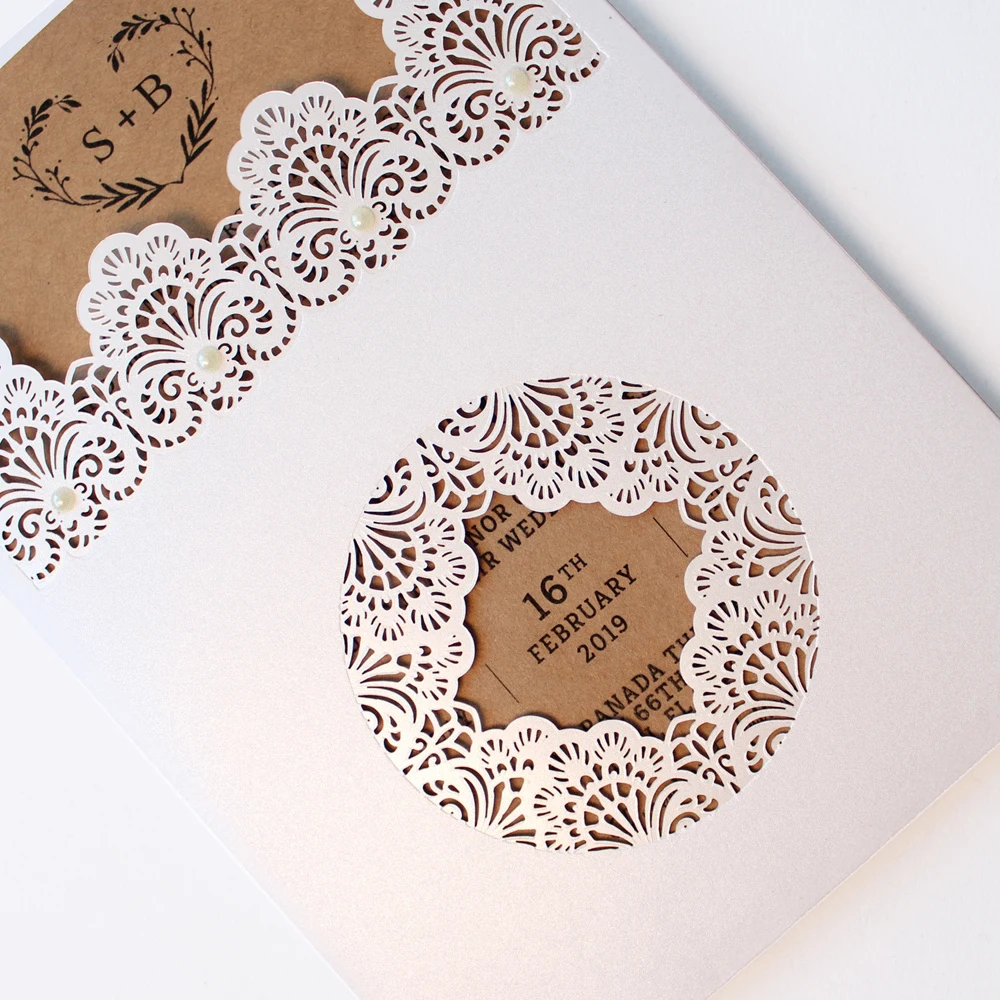  Rustic Wedding Invitations Customized Invitation Card Creative Wedding Invite With Pearl - Set of 5 - 33001243219