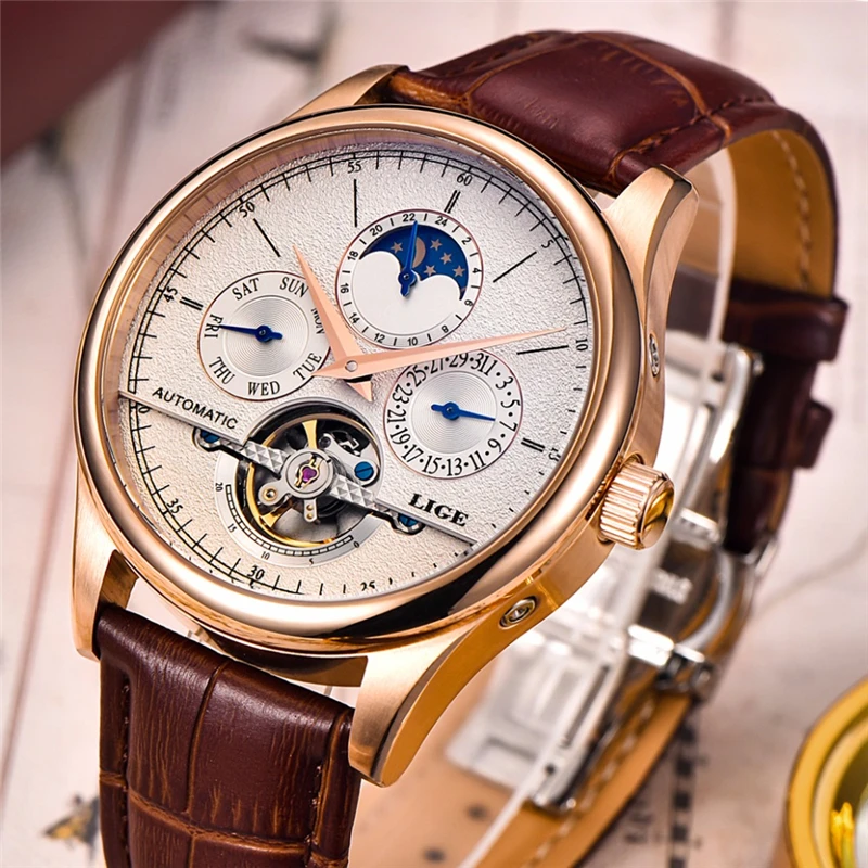 

LIGE Brand Men watches Automatic mechanical watch tourbillon Sport clock leather Casual business wristwatch Gold relojes hombre