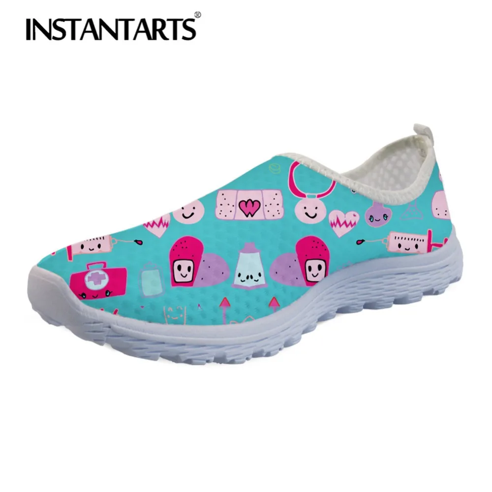 

INSTANTARTS Kawaii Medical Flats Female Nurse Sneakers Women Summer Light Mesh Sneaker Shoes Cartoon Nurses Print Walking Shoes