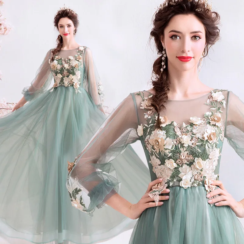 

Green Elegant Evening Dresses A-line O-neck 3D Flowers Beading Long Party Dresses Evening Gowns Vestido De Festa JK35