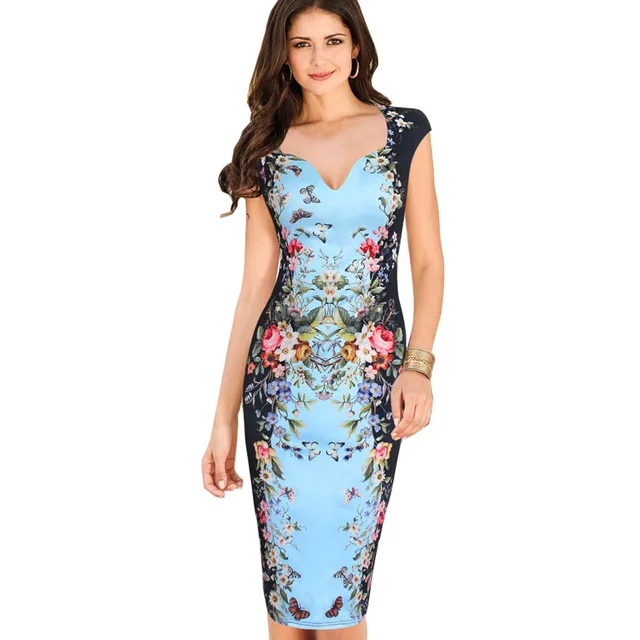 Womens Summer Dresses Elegant Floral Butterfly Print Pinup Cap Sleeve