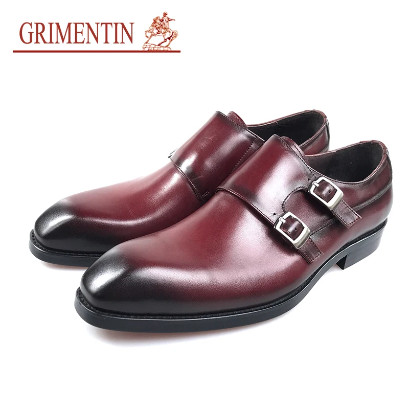 

GRIMENTIN Brand mens wedding shoes hot sale genuine leather handmade double buckle brown dress male shoes 2019 newest