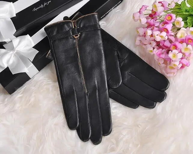 Модные женские перчатки из натуральной кожи, короткие теплые зимние перчатки, высокое качество, черные, красные, коричневые, 1 пара/лот - Цвет: black