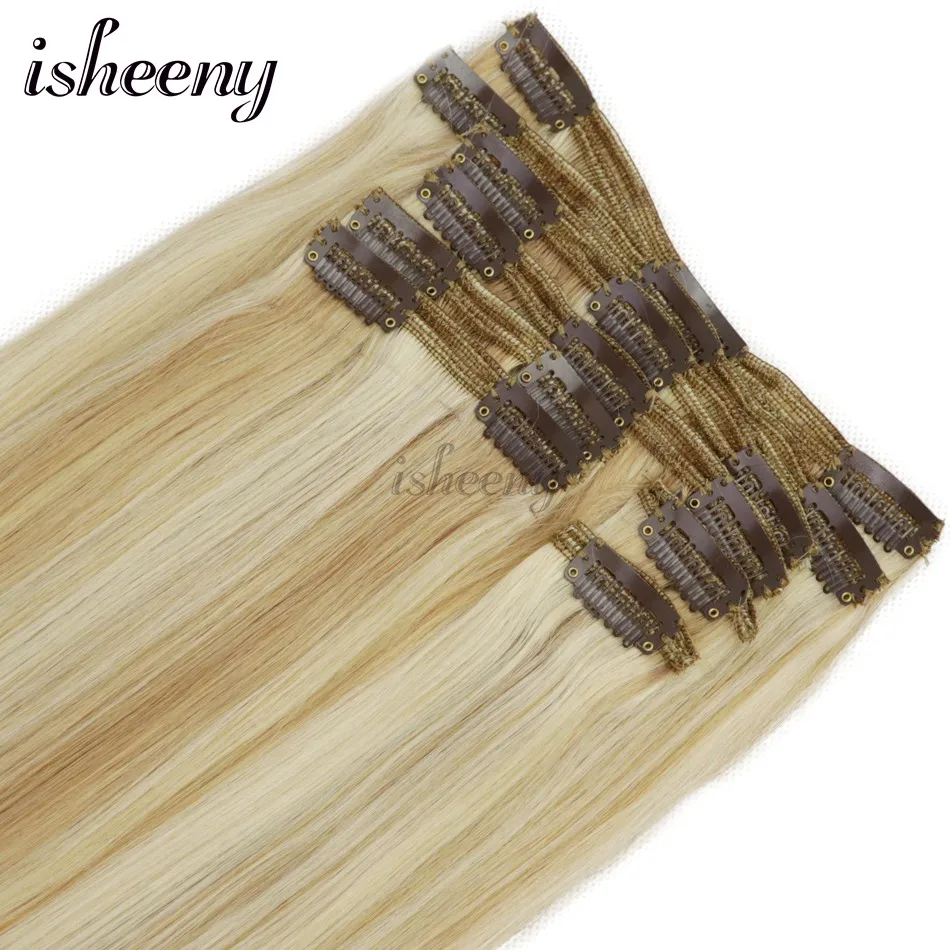 ISHEENY 100% реальные волосы Remy Клип В пряди человеческих волос для наращивания пианино цвет 27/613 # full head 8 шт./компл. накладные волосы на заколке