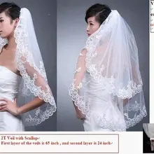 Два слоя свадебная Фата с расческой локоть Длина Фата с кружевной каймой