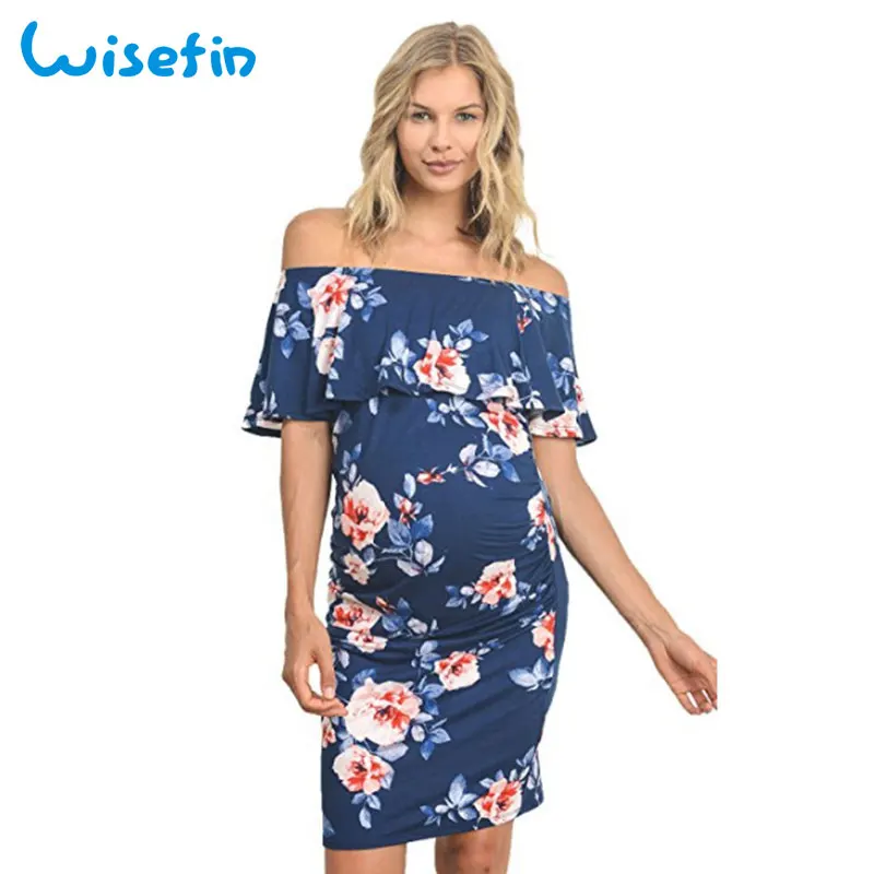 

Wisefin Women Maternity Off Shoulder Dress For Pregnant Beach Style Maternity Slim Dresses Summer Casual Pregnancy Dress Elegant