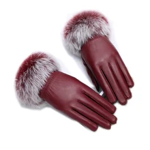 Высокое качество, женские,, черные, овчина, кожаные перчатки, Осень-зима, теплые, кроличий мех, варежки,, бархатные, ветрозащитные, водонепроницаемые