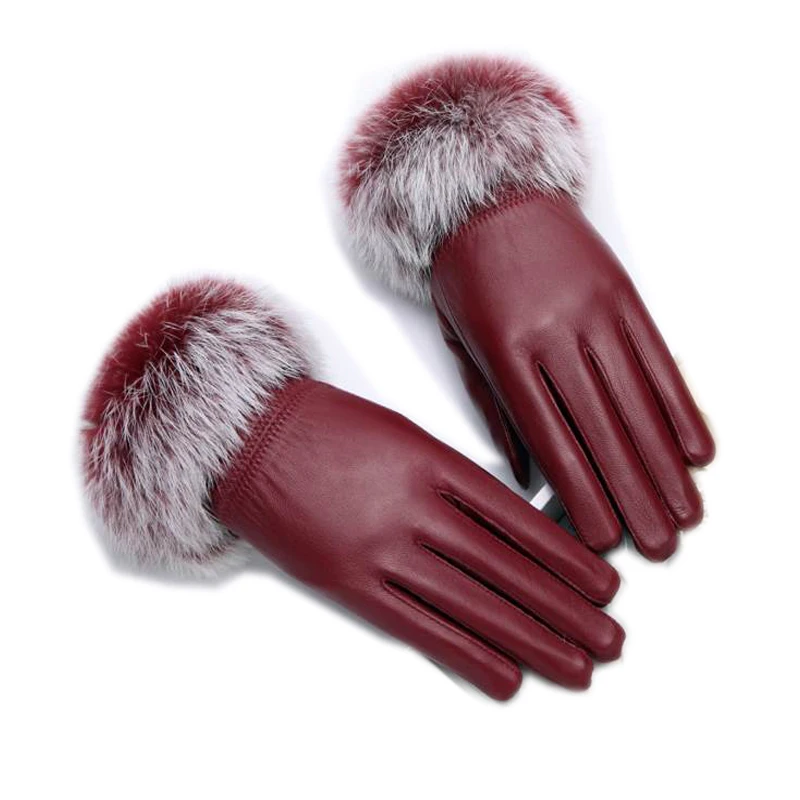 

high quality Women 2020 Black sheepskin Leather Gloves Autumn Winter Warm Rabbit Fur Mittens Hottest Velvet Wind water proof