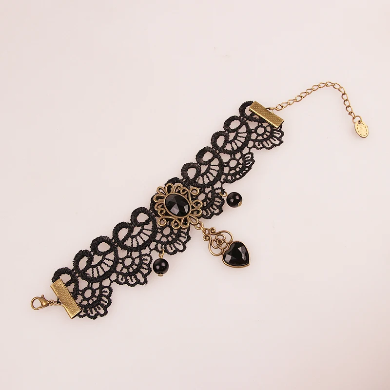 Vintage Lace Black Charm Bracelet With Heart Rhinestone Online Shopping