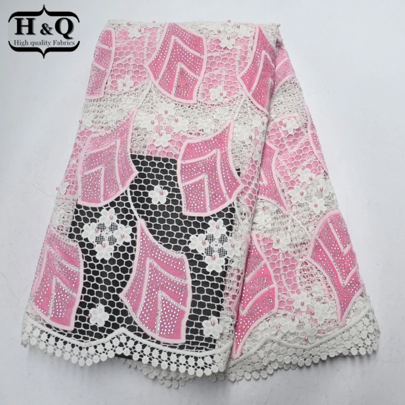 

Pink color 5 yards French Embroidery lace fabric with Beaded Stones High Quality African Water Soluble Lace Fabric For Party