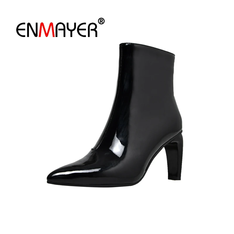 

ENMAYER 2018 Women Boot Real Leather Ankle Boots Pointed toe Shoes Woman Spike Heel ankle boots for women Winter booties CR1729